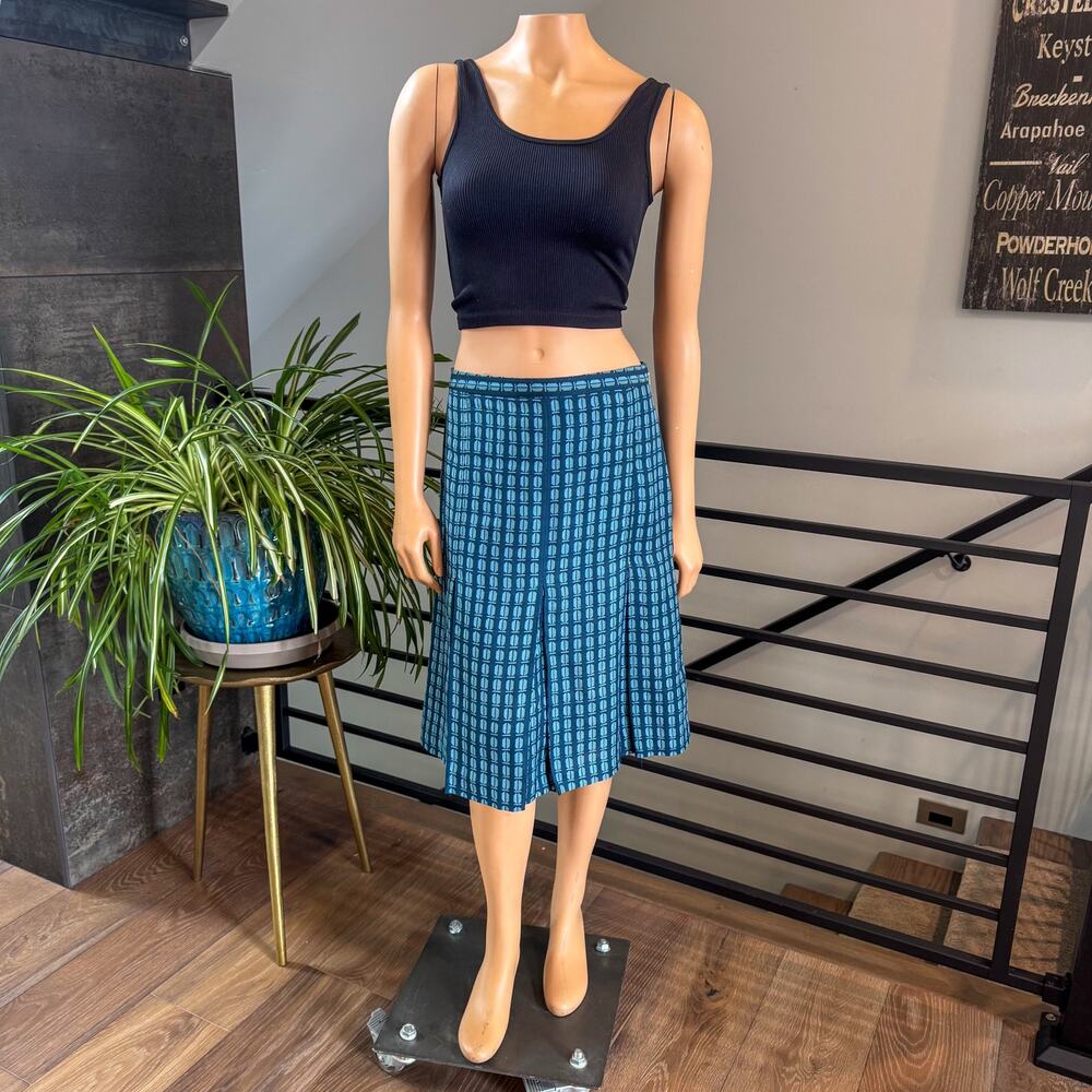 Tory Burch Leigh Pleated Skirt Teal Blue Geometric Silk Wool Blend Preppy Size 6